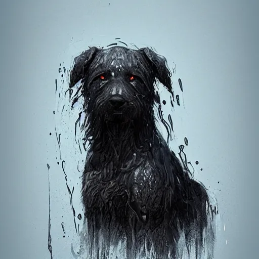 Image similar to a wet dog with very long fur which covers his eyes, concept art, trending on artstation 3D.