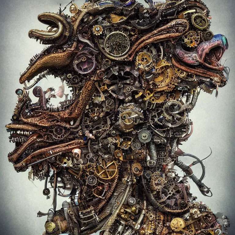 Image similar to profile portrait of a dragon, computer parts, mechanical parts, by giuseppe arcimboldo, steampunk, cyberpunk, futuristic, psychedelic, surreal, sci - fi, vaporwave, alien, dreamlike.