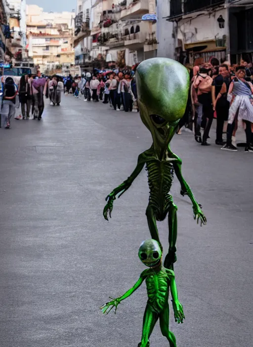 Prompt: an alien walking trying so hard not being recognized in the middle of the street during Feria de Malaga, ultra realistic