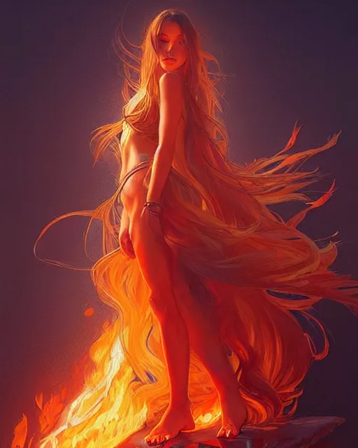 Image similar to beautiful long haired girl, fire dress, full body photo, flames everywhere, highly detailed, digital painting, artstation, concept art, smooth, sharp focus, illustration, art by artgerm and greg rutkowski and alphonse mucha