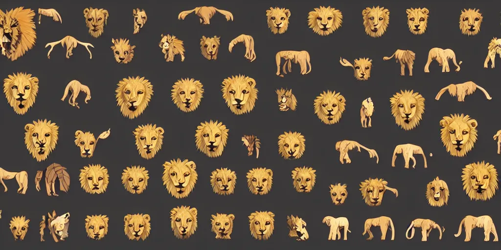 Prompt: game asset of unique lion heads on black background, organic, toei animation color palette, smooth vector lines, toon shading, 5 colors, solid colors, flat 2 d design, 2 d sprites, 8 k, close up