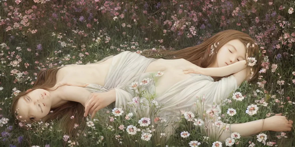 Prompt: breathtaking detailed concept art painting of the sleeping at meadow goddess of white flowers, orthodox saint, with anxious, piercing eyes, ornate background, amalgamation of leaves and flowers, by Hsiao-Ron Cheng, James jean, Miho Hirano, Hayao Miyazaki, extremely moody lighting, 8K