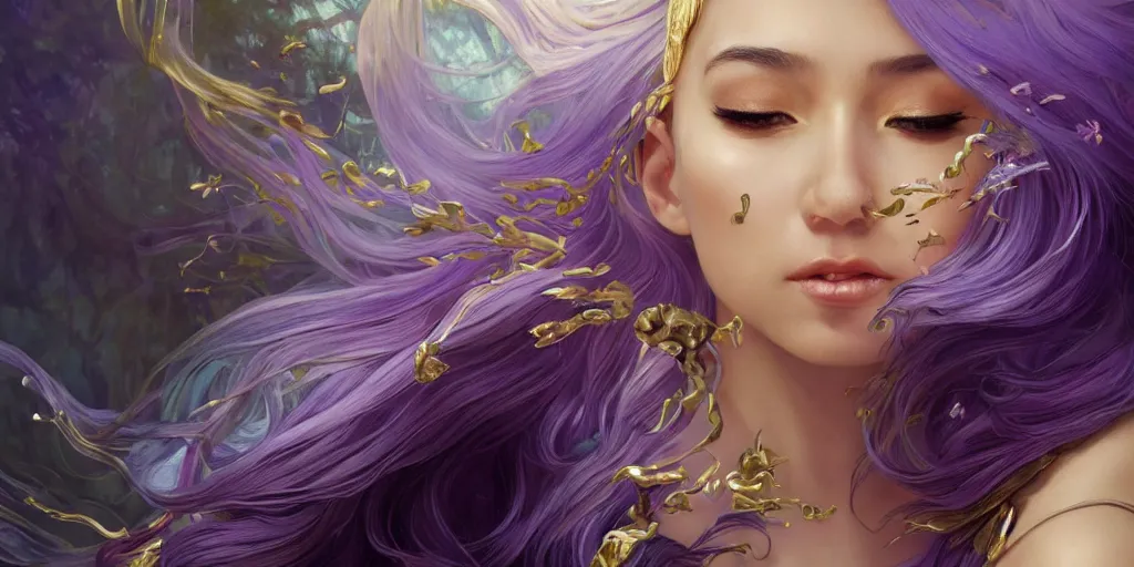 Image similar to wide angle, opulescent purple panther, metallic silver and ice color reflected crystal hair, leaping from babaob tree, fantasy, intricate, very beautiful, elegant, golden light, highly detailed, digital painting, artstation, concept art, smooth, sharp focus, unreal engine, art by wlop and tian zi and alphonse mucha