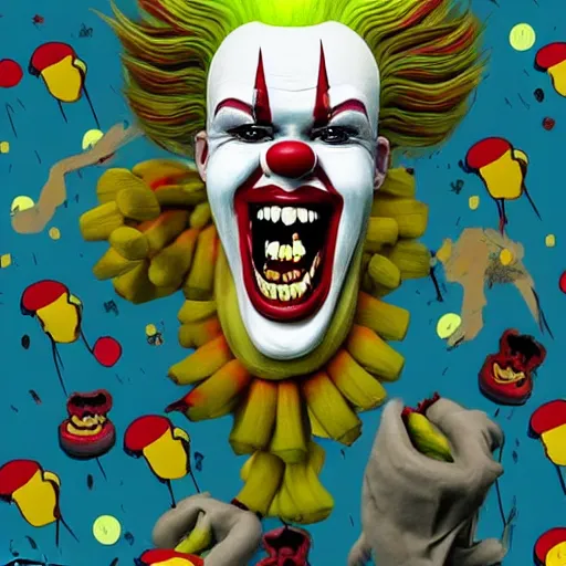 Prompt: A clown monster made of bananas jumping at the screen, loony toons style, pennywise style, horror theme, detailed, elegant, intricate