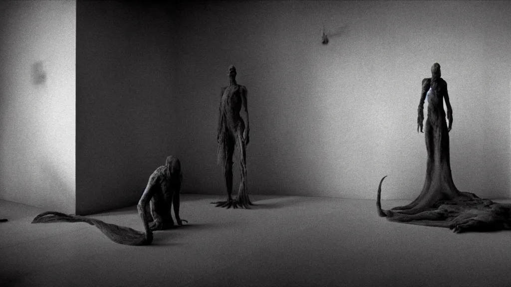 Image similar to a strange creature made of wax and water in the living room, film still from the movie directed by Denis Villeneuve with art direction by Zdzisław Beksiński, wide lens