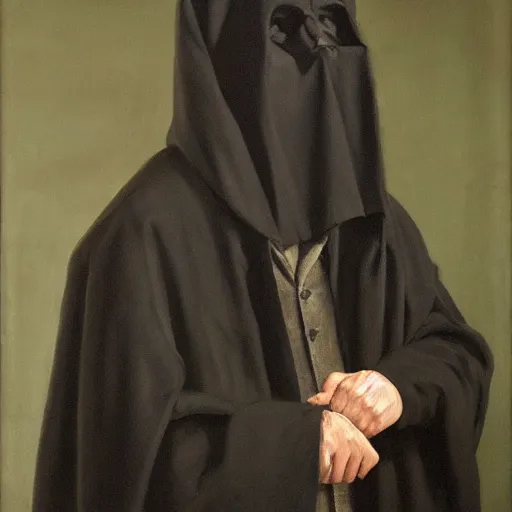 Prompt: a portrait of a man wearing a long dark cloak, hood and shadows covering face, oil painting, high detail