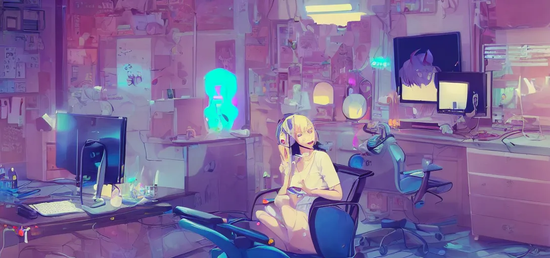 Image similar to a blond woman with cat ear headphones, sitting in front of computer, gamer, computer nerd, cute room, neon lights, gamer aesthetic, lofi vibes, strong crisp lineart and flat color, by ilya kuvshinov, krenz cushart, Greg Rutkowski, trending on artstation