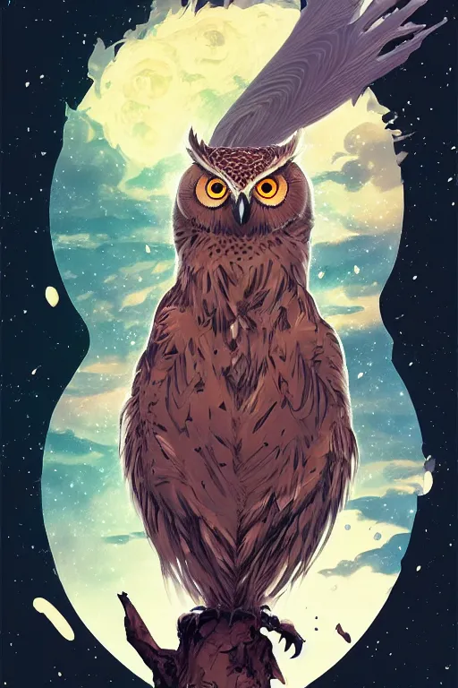 Prompt: otherworldly owl, pixiv fanbox, cinematic light, anime style, graphic novel by fiona staples and dustin nguyen, peter elson, alan bean, wangechi mutu, clean cel shaded vector art, trending on artstation