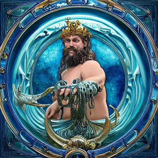 Prompt: portrait of poseidon king of the ocean made with porcelain by Jeff Easley and Peter Elson + beautiful eyes, beautiful face + symmetry face + border and embellishments inspiried by alphonse mucha, fractals in the background, galaxy + baroque, gothic, surreal + highly detailed, intricate complexity, epic composition, magical atmosphere + masterpiece, award winning + trending on artstation