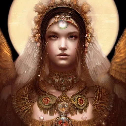 Image similar to A beautiful digital painting of a female Seraphim full of jewels, princess, the moon behind her, intricate, cinematic lighting, highly detailed, digital painting, Artstation, concept art, smooth, sharp focus, illustration, art by Tom Bagshaw, Artgerm and Greg Rutkowski