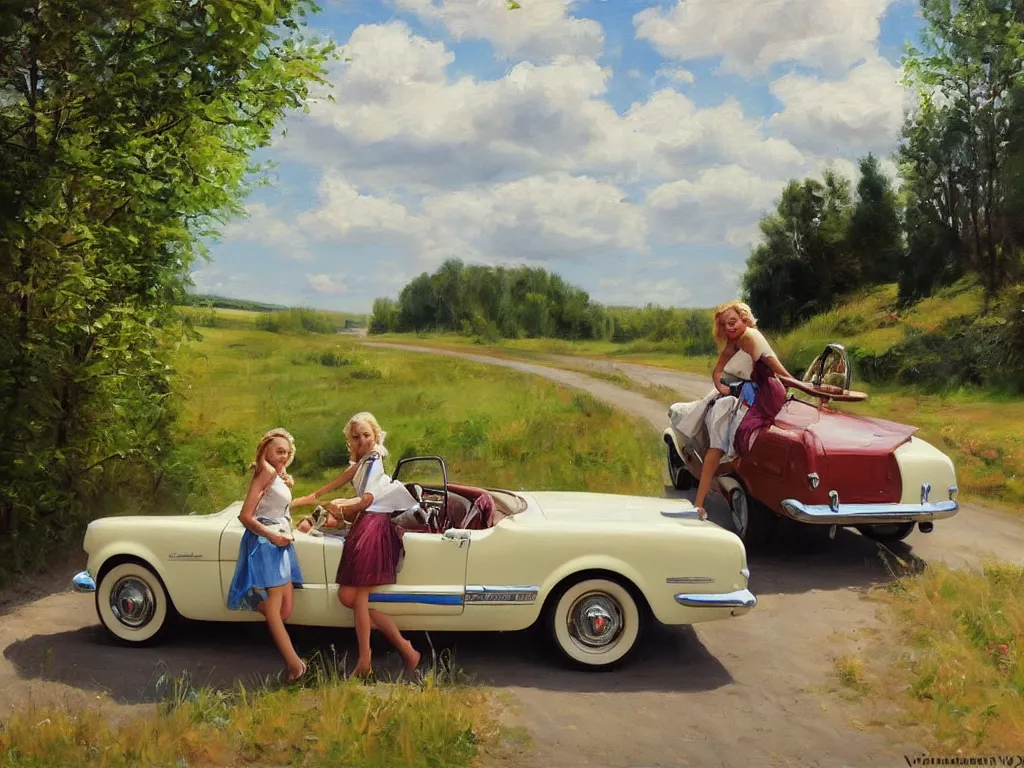 Prompt: 1950 blonde driving à mustang on a country road, Swedish countryside, painting by Vladimir Volegov, masterpiece