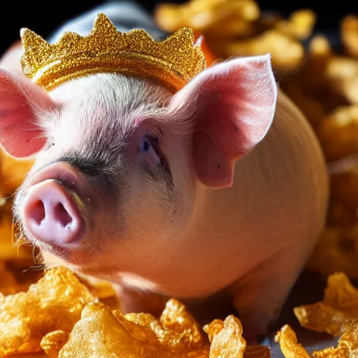 Image similar to pig wearing a gold crown swimming in bag of pork rinds