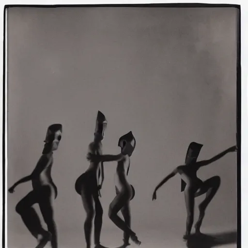 Image similar to pinhole photo of dancers in BIG GEOMETRIC MASKS, smudge, lo fi, mix, texture, by Karl Blossfeldt