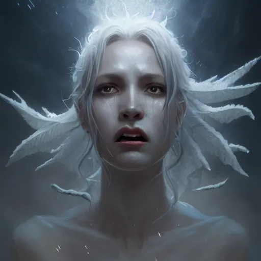 Image similar to a roaring and crying ghost, tall, silver skin, illustration, cinematic lighting, 8 k, d & d, frostbite 3 engine, dof, artstation, intricate, digital art, crepuscular ray, art by tsuyoshi nagano, greg rutkowski, stanley artgerm