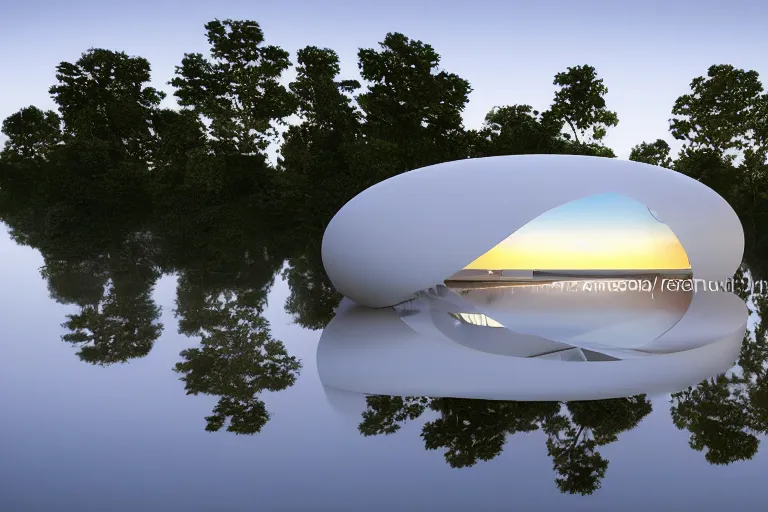 Image similar to a building formed by the intersection and fusion of many white spherical and egg - shaped spaces. on the calm lake, people's perspective modern curved architecture, future, wood, marble, metal award winning, highly detailed 4 k art, dusk, unreal engine highly rendered, global illumination, radial light, internal environment by kazuyo sejima