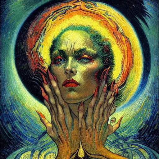 Image similar to Divine Chaos Engine by Karol Bak, Jean Delville, and Vincent Van Gogh, feminine, in the style of William Blake and Van Gogh