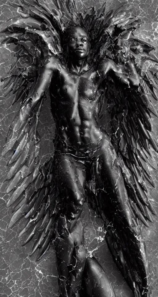 Image similar to hyper realistic of a stunning intricate cracked black marble falling african american angel body sculpture, highly detailed, white tone background, trending on artstation, hyperrealism, matte painting, subsurface scattering