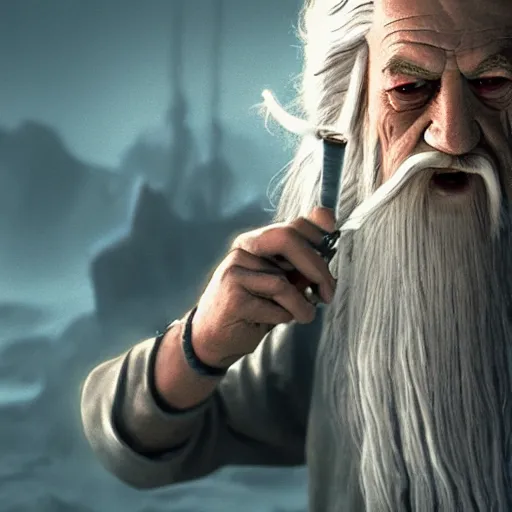 Image similar to gandalf attacks bikini bottom, high detail shot, smoking, render, cgsociety, photorealism