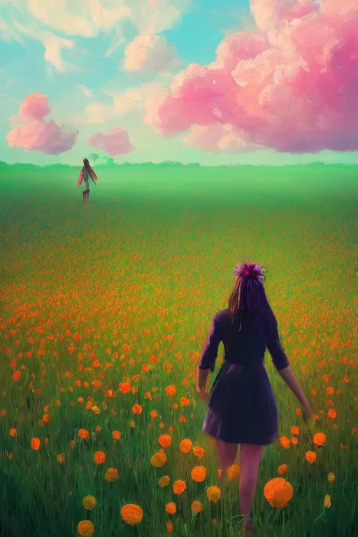 Image similar to giant flower head, girl walking in a flower field, surreal photography, sunrise, dramatic light, impressionist painting, colorful clouds, digital painting, artstation, simon stalenhag