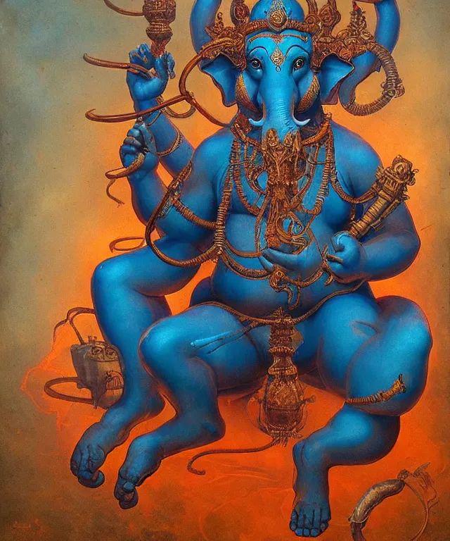 Image similar to blue ganesha with man ’ s body, glowing fiery background, in the style of peter mohrbacher, wayne barlowe, gustav moreau, bussiere, roberto ferri, santiago caruso, luis ricardo falero, austin osman spare, colorful