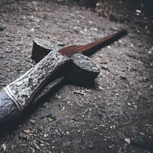 Image similar to high quality photo of a medieval axe, photography 4k, f1.8 anamorphic, bokeh, 4k, Canon, Nikon