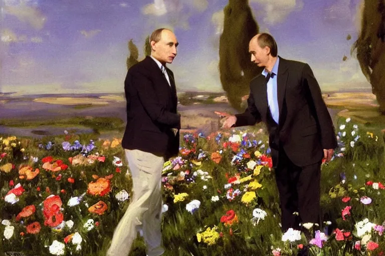 Image similar to vladimir putin greeting ufo with flowers, john singer sargent