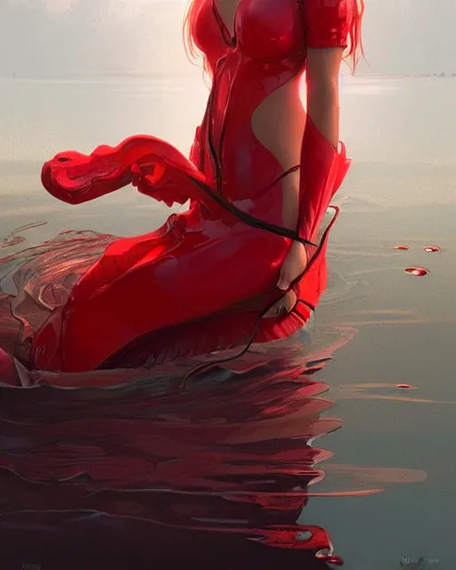 Image similar to emily rajtkowski, lake, red, highly detailed, digital painting, artstation, concept art, smooth, sharp focus, illustration, art by artgerm and greg rutkowski and alphonse mucha