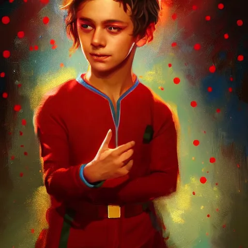 Image similar to colorful and festive captivating young child boy, brown fluffy hair, wearing red and yellow hero suit, making a two with his hand. full body, rich vivid colors, ambient lighting, dynamic lighting, 4 k, atmospheric lighting, painted, intricate, highly detailed by charlie bowater