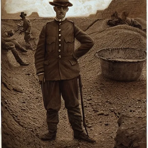 Prompt: ultra detailed photorealistic sepia - toned photograph from 1 9 1 7, a british officer in field gear standing at an archaeological dig site near petra jordan, ultra realistic, painted, intricate details, lovecraft, atmospheric, dark, horror, brooding, highly detailed, by angus mcbride