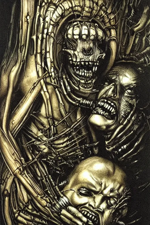 Image similar to saturn devouring his son in the syle of giger, giger, extremely detailed