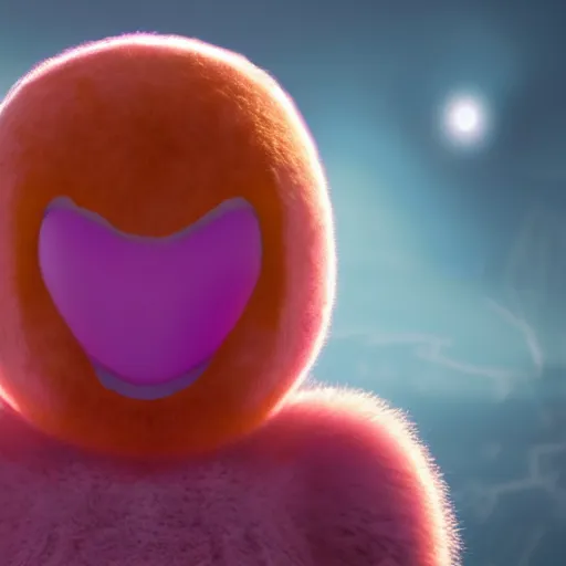 Image similar to an alien with a face that looks like a fuzzy peach the peach is fuzzy pink warm and ripe the alien has horns and a mean smile, 4k, highly detailed, high quality, amazing, high particle effects, glowing, majestic, soft lighting