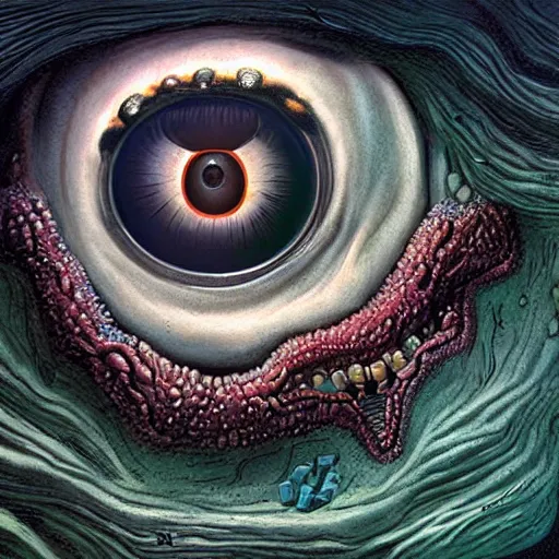 Prompt: digital painting of a lovecraftian, unknowable monster giant eyeball composed of hundreds of smaller eyeballs with teeth in the pupil, evoking existential dread, deviantart cosmic horror, dark surreal atmospheric, raulo caceres, tim white