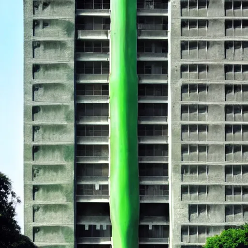 Image similar to a real concrete building with anthropomorphic qualities. one building that reminds me of a green lizart with a red mouth. clearly a building. a painting of sceptile by yves tanguy ricardo bofill