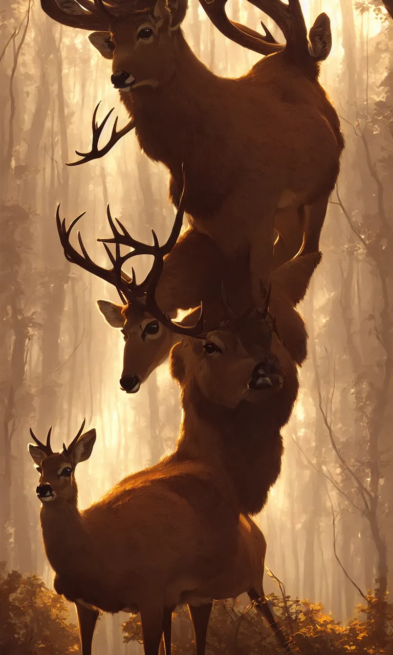 Image similar to Deer in Sherwood Forest, full frame, highly detailed, digital painting, artstation, concept art, smooth, sharp focus, illustration, art greg rutkowski and alphonse mucha