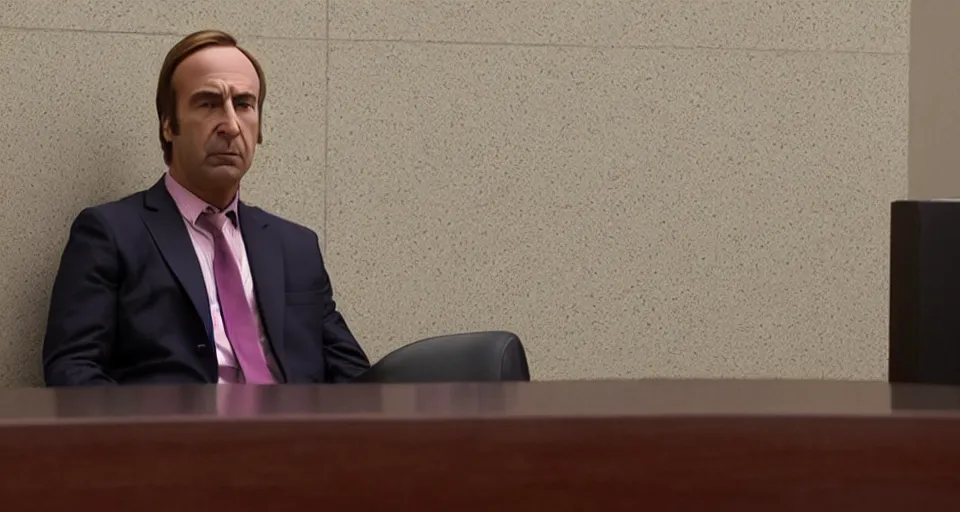 Prompt: saul goodman wearing a dark pink suit in court, still from better call saul