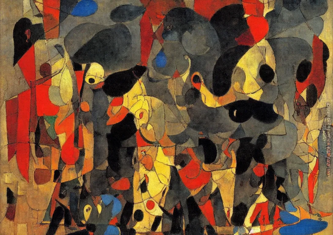 Image similar to a multiracial greek god following a watchful light through the streets of a city, saturated color scheme, sparse detail, by george luks, joan miro and moebius