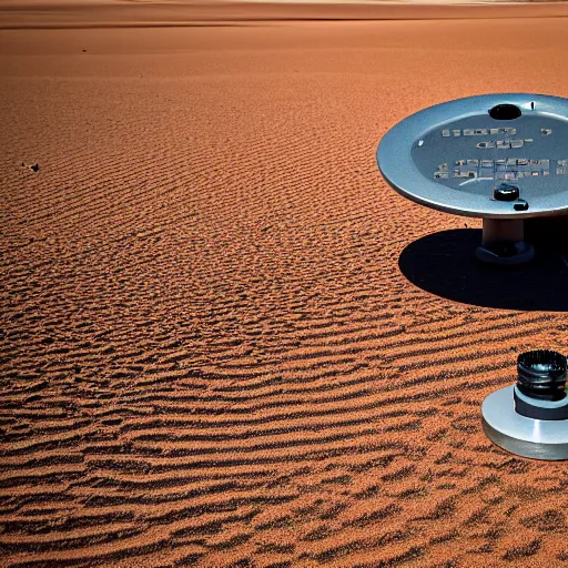 Prompt: mobile camoflaged rugged weather station sensor antenna on tank treads, for monitoring the australian desert, XF IQ4, 150MP, 50mm, F1.4, ISO 200, 1/160s, dawn