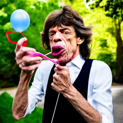 Prompt: Mick Jagger blowing a balloon XF IQ4, f/1.4, ISO 200, 1/160s, 8K, RAW, unedited, symmetrical balance, in-frame