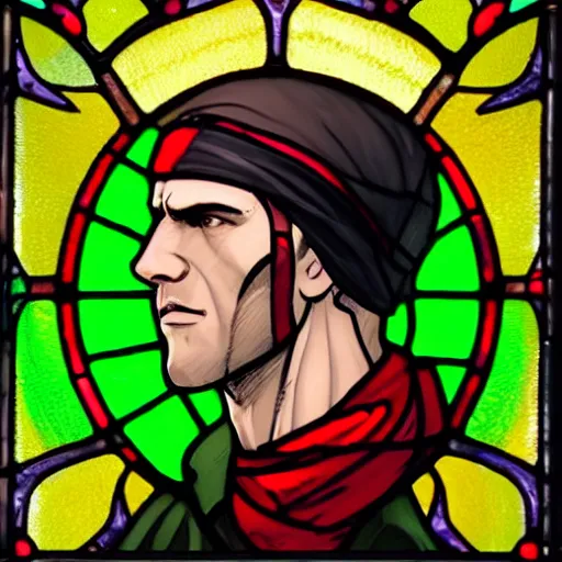 Prompt: side - view portrait of the iorveth, scoia'tael leader, red cap, red bandana covering one eye, green clothes, gothic stained glass window, very masterful