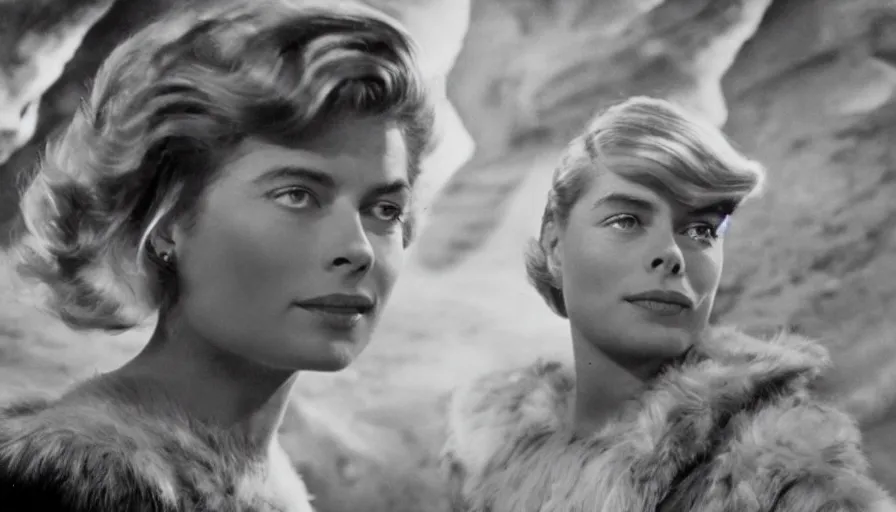 Prompt: film capture, young ingrid bergman as barbarella, exploring an alien planet. full colour. symmetrical face. symmetrical body. cinematic. 1 0 0 mm lens. realistic. photograph.