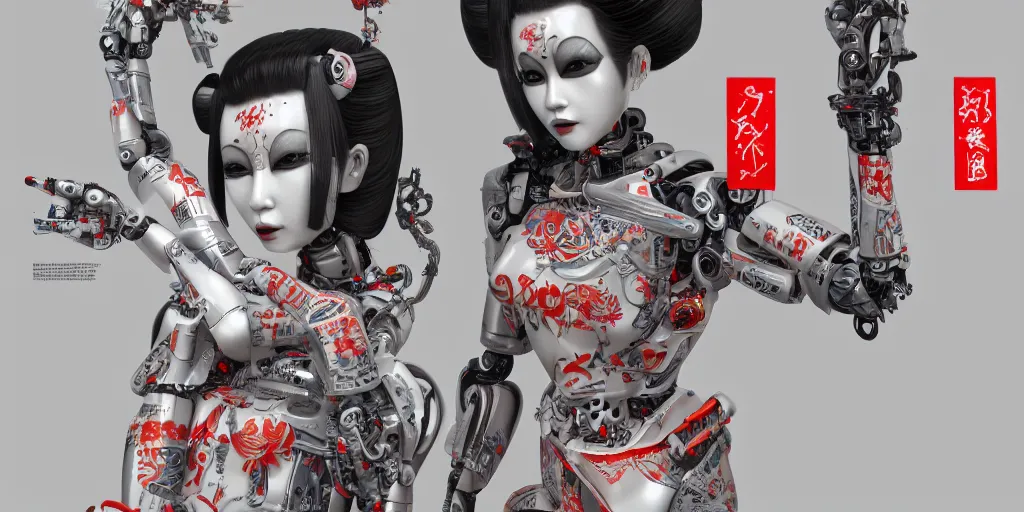 Image similar to full body portrait of a Japanese robot geisha with kanji tattoos and decals, intricate, octane render, ultra fine detailed, character design, trending on artstation