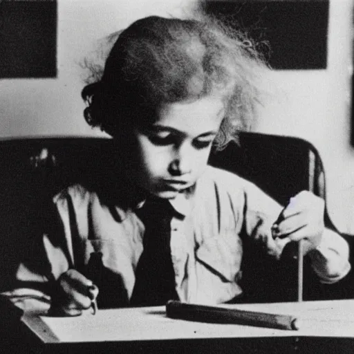 Prompt: Young Child Albert Einstein making a crayon drawing of plans for atomic bomb