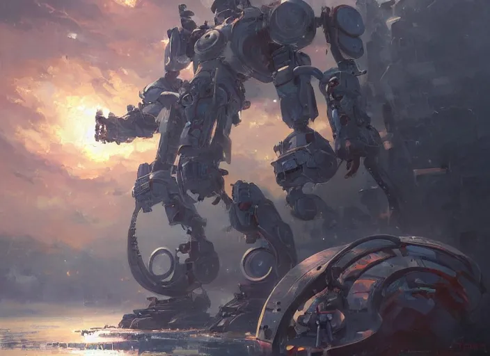 Image similar to an intricate oil painting of a giant anime robot with rounded and circular parts by steve henderson and greg rutkowski