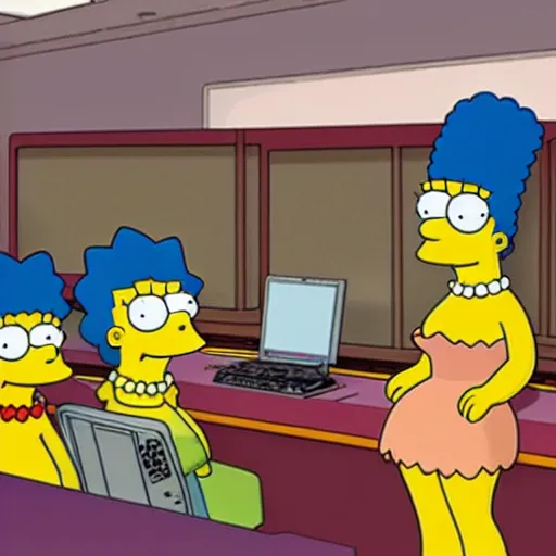 Image similar to the simpsons are sitting behind desks with computers in the animation studio, working on an episode