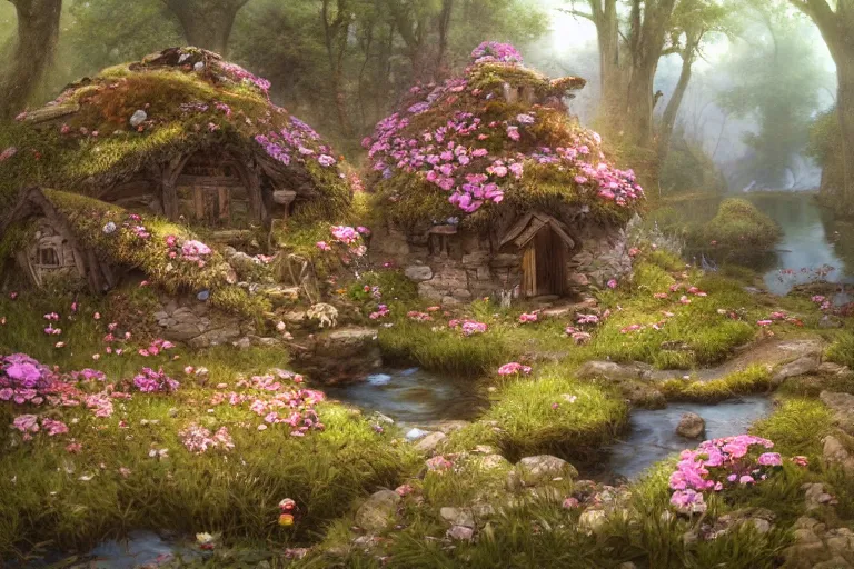 Image similar to wide angle view, a beautiful digital painting of a fairy house made of rocks in a stream, flowers, beautiful tranquil day, by greg rutkowski, brian froud, peter mohry, jean - baptiste monge, and alphonse mucha, symmetry, complementary colors, ink illustration, trending on artstation