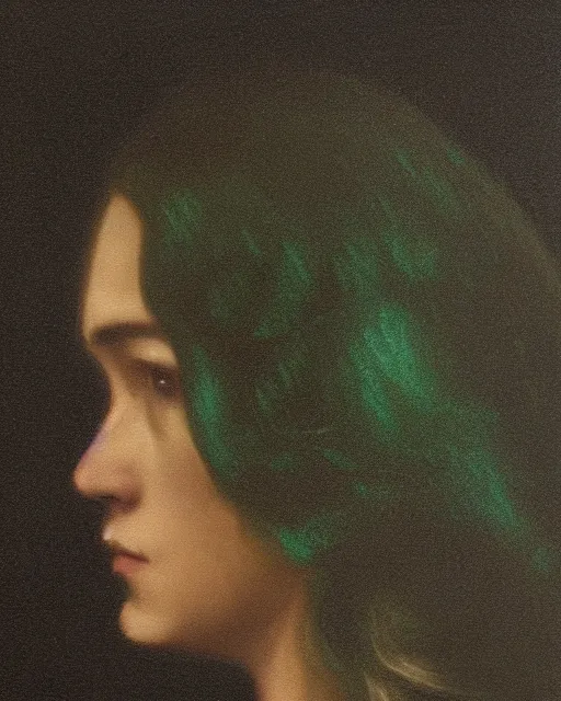 Image similar to a woman's face in profile, long hair made of emerald in the style of the Dutch masters and Gregory Crewdson, dark and moody