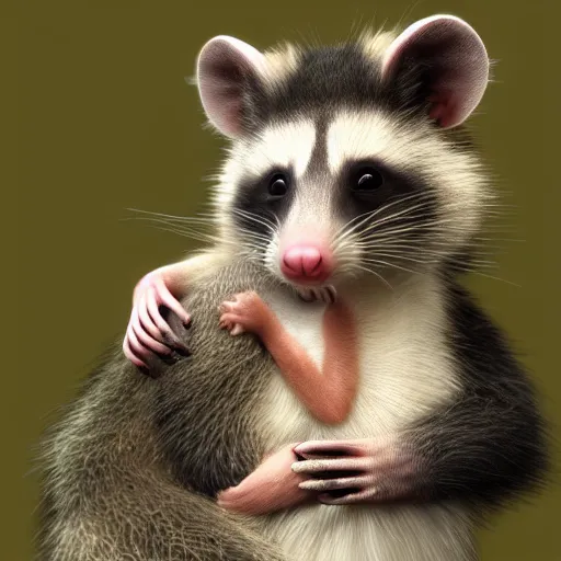 Prompt: an opossum and an american raccoon hugging, cute photograph, 4k wallpaper, unreal engine, artstation
