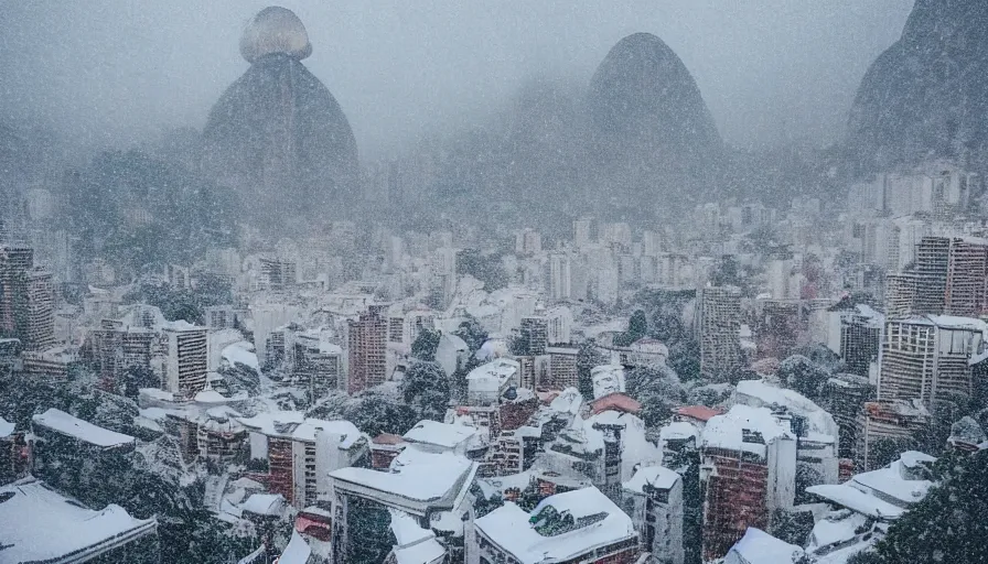 Image similar to the city of rio de janeiro covered in snow, winter photograph, snowing, 4 k, award winning photograph, beautiful, trending on instagram