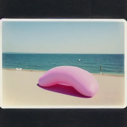 Image similar to a pastel colour high fidelity Polaroid photo from a holiday album at a seaside with abstract inflatable parachute furniture, all objects made of transparent iridescent Perspex no people, nostalgic