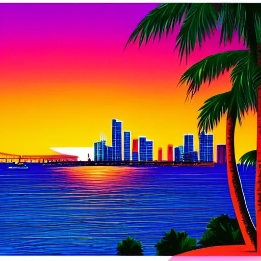 Image similar to gorgeous romantic sunset, cliffside onlooking the beautiful city of miami, warm colors, tropical, in the style of hiroshi nagai, very detailed, tropical, 8 0 s